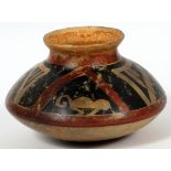 AMERICAN INDIAN POTTERY VESSEL, H 3 3/4", DIA 5  3/4":  Decorated in black and red with  alternating
