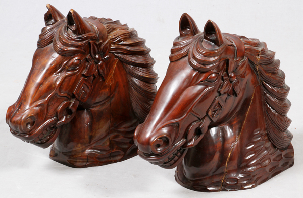 CHINESE CARVED WOOD HORSES' HEADS, PAIR, H 15" W  7", D 17":  Unmarked.