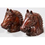 CHINESE CARVED WOOD HORSES' HEADS, PAIR, H 15" W  7", D 17":  Unmarked.