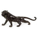 JAPANESE BRONZE SCULPTURE OF A SNARLING TIGER, H  11", L 21 1/2":  Signed; probably Japanese.