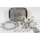 SILVERPLATE SERVING PIECES AND FLASK 8 PCS.:   Including 1 gravy boat on stand, 1 rectangular  tray,