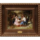 PAUL VERNON [FRENCH, 1796-1875] OIL ON MAHOGANY  PANEL, H 10 1/2", W 14" "WOMEN GATHERING":   Signed