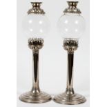 SHERWOODS LTD. OF BIRMINGHAM CANDLE HOLDERS WITH  GLASS GLOBES, PAIR, H 14":  Marked underneath  [