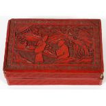 CHINESE CINNABAR BOX, 19TH C., L 5 3/4":  Lid  depicts two men in a garden scene and having a  black