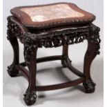 CHINESE CARVED TEAKWOOD STAND, 19TH CEN, H 19'',  W 17'':  Rose marble top. Fine deep carving.