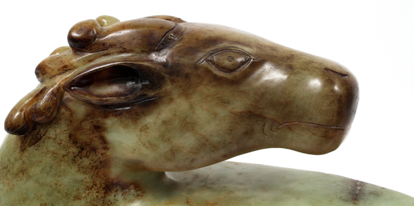 ARCHAIC JADE CARVED HORSE, H 10", L 17":  Green  to russet brown in color on a fitted wooden  stand. - Image 2 of 3