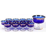 VENETIAN COBALT BLUE & CLEAR GLASS CHAMPAGNES  AND PUNCH BOWL, 13 PCS., H 4":  Champagnes or
