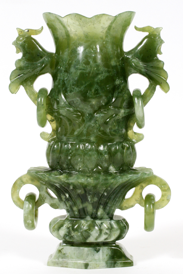 CHINESE SERPENTINE VASE, H 7":  Hand carved in  the shape of a flower, bird form handles with  loose