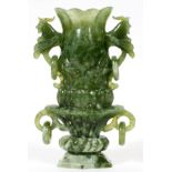 CHINESE SERPENTINE VASE, H 7":  Hand carved in  the shape of a flower, bird form handles with  loose