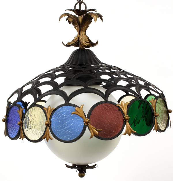 STAINED GLASS CHANDELIER, H 22", L 18":  having  an  iron pierced crescent design shade with