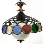 STAINED GLASS CHANDELIER, H 22", L 18":  having  an  iron pierced crescent design shade with