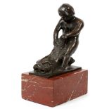 R. VAN DE VELDE, BRONZE SCULPTURE, H 9", L 7":   A cherub with a dolphin, mounted on a heavy