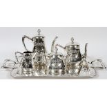 SPANISH ART NOUVEAU SILVER TEA & COFFEE SET WITH  TRAY, FIVE PIECES:  Art nouveau .916 silver set