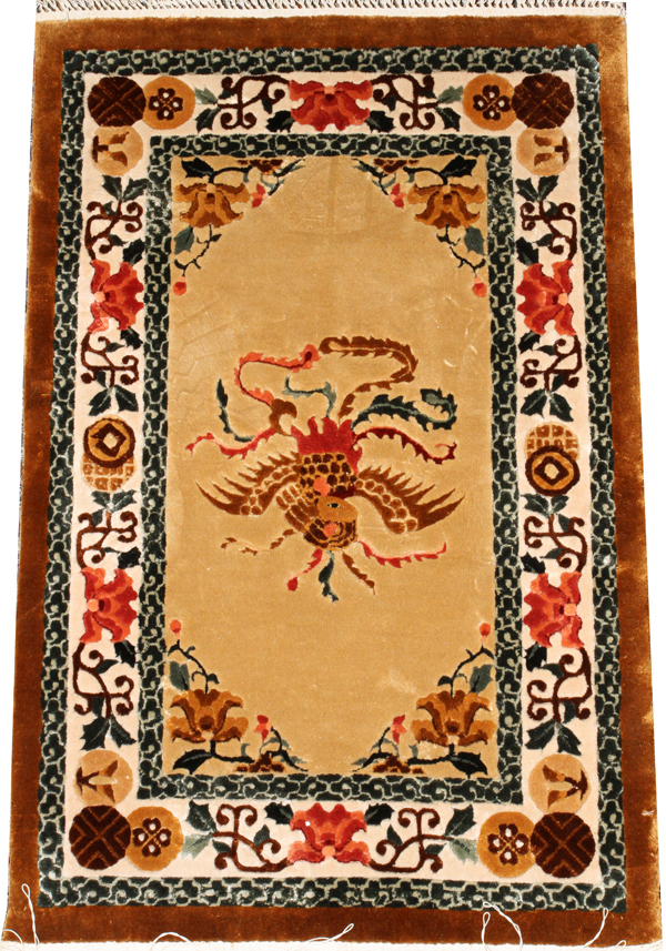 CHINESE SILK HAND WOVEN RUG W 2', L 3':   Handmade and embossed, tan ground and ivory  border,