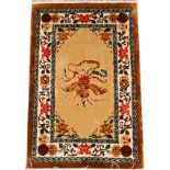 CHINESE SILK HAND WOVEN RUG W 2', L 3':   Handmade and embossed, tan ground and ivory  border,
