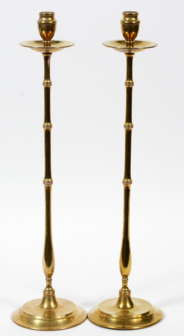 GEORGIAN BRASS CANDLESTICKS, EARLY 19TH C.,  PAIR, H 21 1/2":  Bamboo style shafts. Flower  form