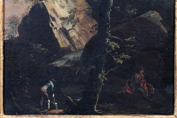 ITALIAN OIL ON CANVAS, 19TH C., H 18", W 14",  LANDSCAPE WITH STREAM:  Depicts two figures - Image 2 of 3