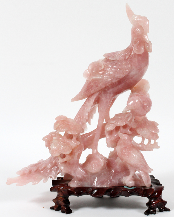 CHINESE ROSE QUARTZ CARVING OF EXOTIC BIRDS, H  11":  On flowering trees. Height is quartz only.