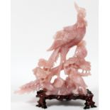 CHINESE ROSE QUARTZ CARVING OF EXOTIC BIRDS, H  11":  On flowering trees. Height is quartz only.