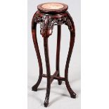 CHINESE HAND-CARVED TEAKWOOD PEDESTAL, C. 1900,  H 36":  Inset marble top. From a pominent  Dearborn