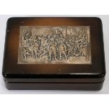 DUTCH SILVER PLATE & WOOD, BOX L 6":   Rectangular wood box with hinged cover centered  by a