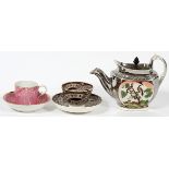 ENGLISH TEAPOT, CUPS & SAUCERS, FIVE PIECES:   Including 1 silver luster teapot with tin lid,  H.6";