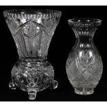CUT CRYSTAL VASES, C. 1960, TWO, H 9 1/2":  On  three scroll legs H 9.5". Together with a