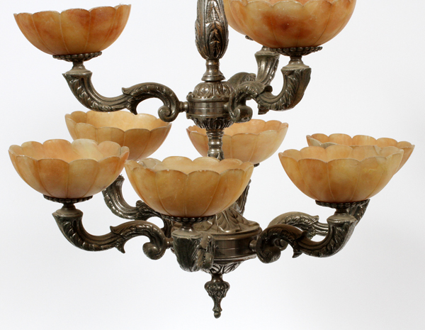 TWO-TIER SILVERED METAL CHANDELIER WITH  ALABASTER GLOBES, H 24", DIA 22":  Nine  alabaster - Image 2 of 2