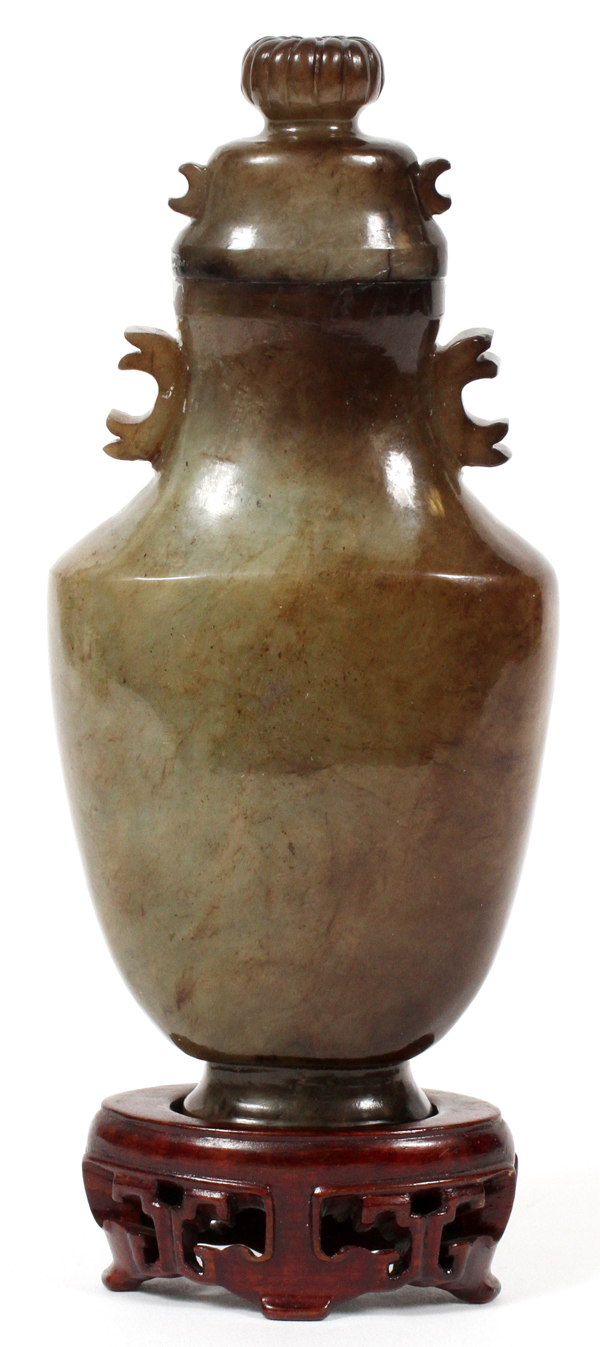 JADE COVERED URN, H 6":  Lemon peel finish. Well  hollowed. From a prominent Dearborn Heights,