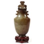 JADE COVERED URN, H 6":  Lemon peel finish. Well  hollowed. From a prominent Dearborn Heights,