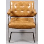 PATRICIAN FURNITURE CO., LEATHER & CHROME  ARMCHAIR, H 30":  having caramel color tufted  seat, back