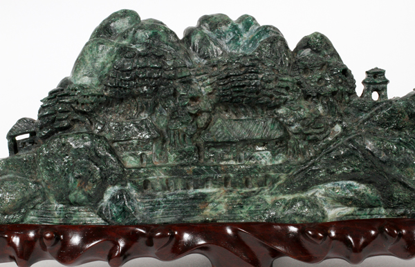 CHINESE FUCHSITE CARVING OF A VILLAGE, H 4", L  10":  Raised on a wood base. - Image 3 of 3