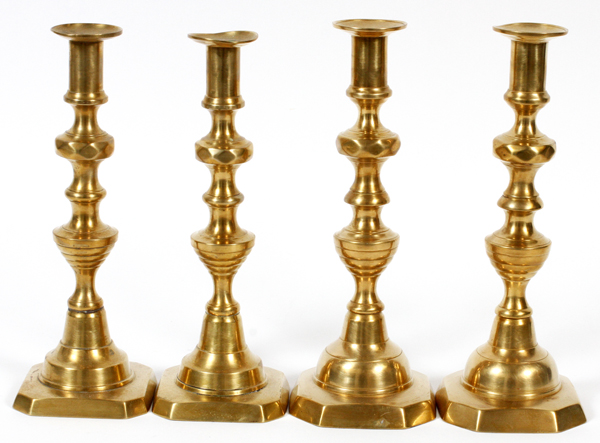 AMERICAN BRASS CANDLESTICKS, 19TH C., FOUR, H  9"-10":  Push up style. Two original push ups  are