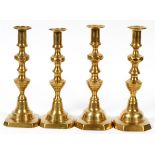 AMERICAN BRASS CANDLESTICKS, 19TH C., FOUR, H  9"-10":  Push up style. Two original push ups  are