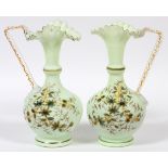 AMERICAN ANTIQUE SATIN GLASS VASES 1876 [2] H 9"  W 5 1/2":  Pair Mint Green color vases with