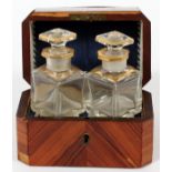 ENGLISH SATINWOOD BOX FITTED WITH COLOGNE  BOTTLES, C. 1850, H 3":  Satinwood hinged lid  box fitted