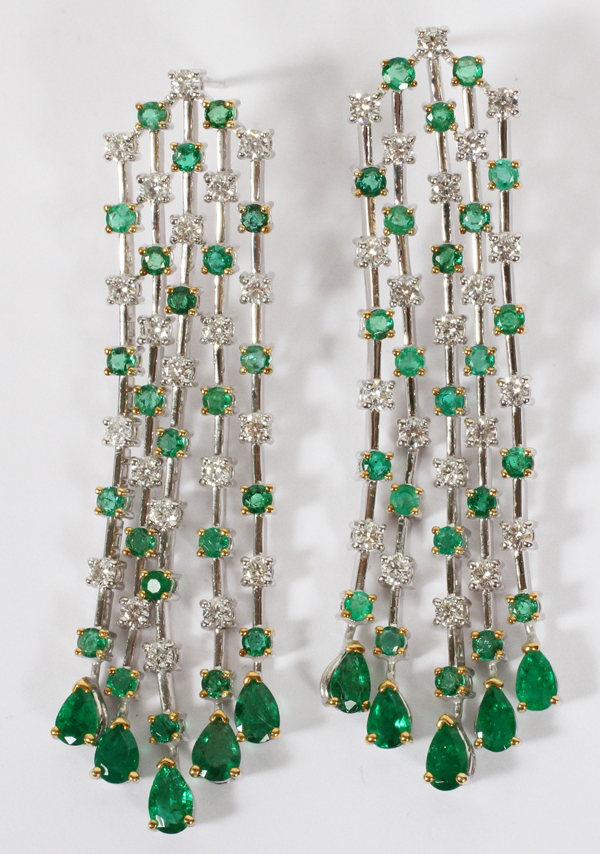 4.00CT EMERALDS & 2.00CT DIAMONDS 14KT WHITE  GOLD EARRINGS, L 2 1/2":  A pair of 4.00ct  natural