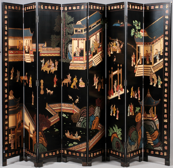 CHINESE EIGHT PANEL COROMANDEL SCREEN, H 84" L  128":  Beautifully decorated with home and  garden