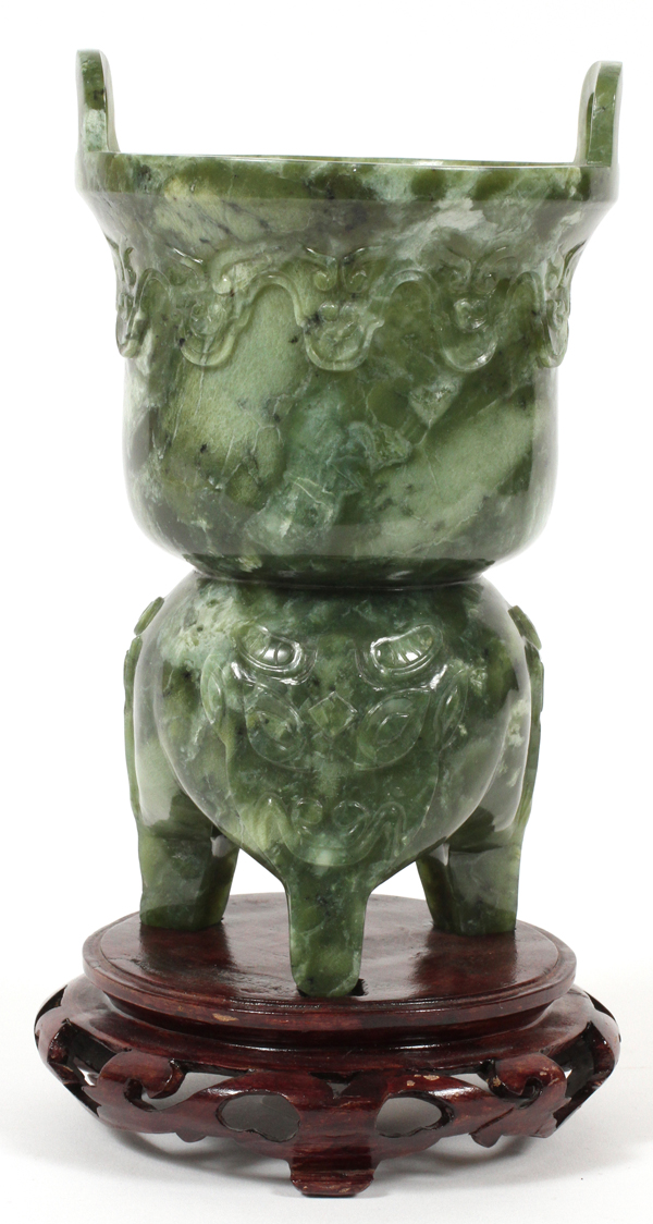 CHINESE CARVED SERPENTINE KORO, H 8", DIA 4":   On three legs. Hand carved from a single piece  of