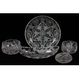 CUT GLASS TABLEWARE, FIVE PIECES:  Including 1  deep dish, 1 intaglio cut celery boat, L 13", 1