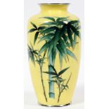 JAPANESE CLOISONNÉ VASE, C. 1940, SIGNED, H 10":   Yellow, motif of bamboo shoots. Signed with