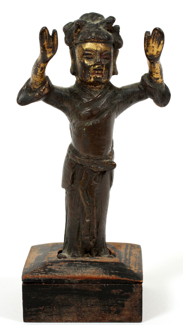 CHINESE BRONZE MINIATURE PRIEST, H 3":  Gilded  head and hands.