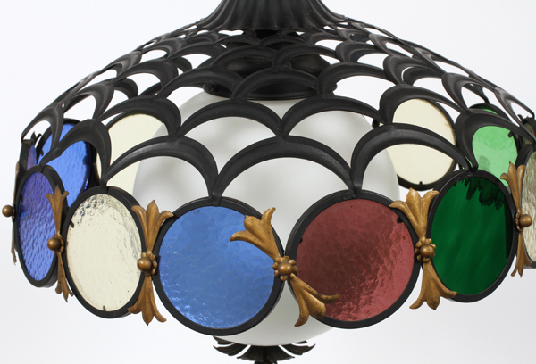 STAINED GLASS CHANDELIER, H 22", L 18":  having  an  iron pierced crescent design shade with - Image 2 of 2