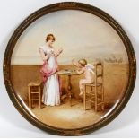 ROYAL VIENNA HAND-PAINTED PORCELAIN PLAQUE, C.  1900, DIA 13", 'VERLORNES SPIEL':  A round