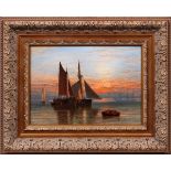 HENRY DAWSON, [BRITISH, 1811-1878], OIL ON  BOARD, C. 1861, H 9 1/4", W 14", "SHIPPING ON A  CALM