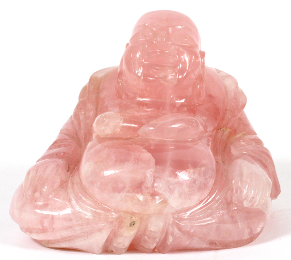 CHINESE ROSE QUARTZ FIGURE, BUDDHA, C. 1900, H  4":  On a teakwood base. From a prominent