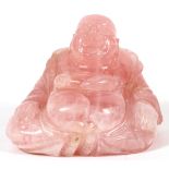 CHINESE ROSE QUARTZ FIGURE, BUDDHA, C. 1900, H  4":  On a teakwood base. From a prominent