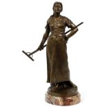 LUDWIG MANZEL, GERMAN 1858-36, BRONZE SCULPTURE  H 22", "THE GLEANER":  A peasant girl with a