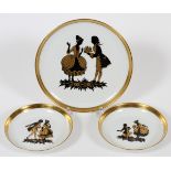 GERMAN PORCELAIN DISHES, THREE,:  Forstenberg  porcelain. Motif of silhouettes; two DIA 4", and  one