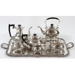 ENGLISH STERLING TEA & COFFEE SET, SHEFFIELD,  1945-46, SIX PIECES, WITH A SILVERPLATE TRAY: